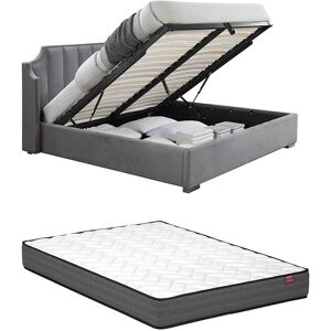 Vente-unique Bett mit Bettkasten & geschwungenem Kopfteil + Matratze - 140 x 190 cm - Samt - Hellgrau - TEOMIS Vente-unique Bett mit Bettkasten & geschwungenem Kopfteil + Matratze - 140 x 190 cm - Samt - Hellgrau - TEOMIS