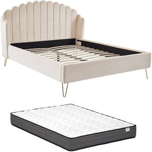 Vente-unique Polsterbett 160 x 200 cm - wellenförmiges Kopfteil - Samt - Beige + Matratze - SAGALI Vente-unique Polsterbett 160 x 200 cm - wellenförmiges Kopfteil - Samt - Beige + Matratze - SAGALI