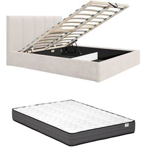 Vente-unique Bett mit Bettkasten & Kopfteil mit vertikalen Ziernähten + Matratze - 180 x 200 cm - Stoff - Beige - KILACLO Vente-unique Bett mit Bettkasten & Kopfteil mit vertikalen Ziernähten + Matratze - 180 x 200 cm - Stoff - Beige - KILACLO