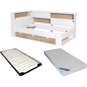 Vente-unique Bett 90 x 190 cm mit Stauraum - Farbe: Weiß und natürlich + Lattenrost + Matratze - TAMADU Vente-unique Bett 90 x 190 cm mit Stauraum - Farbe: Weiß und natürlich + Lattenrost + Matratze - TAMADU