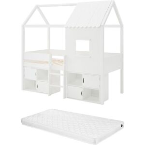 Vente-unique Halbhohes Bett in Hausoptik + Matratze - 90 x 190 cm - Kiefer & MDF - Weiß - VALESKIA Vente-unique Halbhohes Bett in Hausoptik + Matratze - 90 x 190 cm - Kiefer & MDF - Weiß - VALESKIA