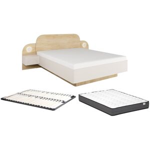 Vente-unique Bett 160 x 200 cm - Mit Nachttischen und LEDs - Beige und Naturholz + Lattenrost + Matratze - DARTAGNO Vente-unique Bett 160 x 200 cm - Mit Nachttischen und LEDs - Beige und Naturholz + Lattenrost + Matratze - DARTAGNO