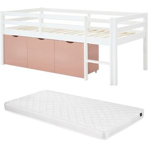 Vente-unique Halbhohes Bett 90 x 190 cm – Mit Stauraum + Matratze – Kiefer & MDF – Weiß/Rosa – LANIORI Vente-unique Halbhohes Bett 90 x 190 cm – Mit Stauraum + Matratze – Kiefer & MDF – Weiß/Rosa – LANIORI