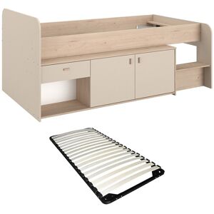 Vente-unique Hochbett 90 x 190/200 cm mit Stauraum – Beige & Natur + Lattenrost – LUNOBI Vente-unique Hochbett 90 x 190/200 cm mit Stauraum – Beige & Natur + Lattenrost – LUNOBI