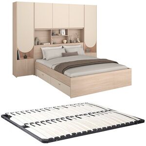 Vente-unique Hochbett 140 x 190 cm mit Stauraum + LEDs + Lattenrost - Beige & Natur - DOMELITO Vente-unique Hochbett 140 x 190 cm mit Stauraum + LEDs + Lattenrost - Beige & Natur - DOMELITO