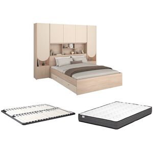 Vente-unique Hochbett 160 x 200 cm mit Stauraum + LEDs + Lattenrost + Matratze - Beige & Natur - DOMELITO Vente-unique Hochbett 160 x 200 cm mit Stauraum + LEDs + Lattenrost + Matratze - Beige & Natur - DOMELITO