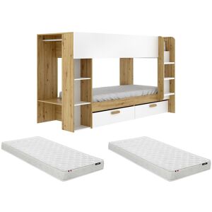 Vente-unique Etagenbett 2 x 90 x 200 cm mit Stauraum und Kleiderschrank - Weiß und natürlich + Matratze - OSANA Vente-unique Etagenbett 2 x 90 x 200 cm mit Stauraum und Kleiderschrank - Weiß und natürlich + Matratze - OSANA