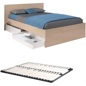 Vente-unique Bett mit 4 Schubladen + Lattenrost - 160 x 200 cm - Holzfarben & glänzend Weiß - VELONA Vente-unique Bett mit 4 Schubladen + Lattenrost - 160 x 200 cm - Holzfarben & glänzend Weiß - VELONA