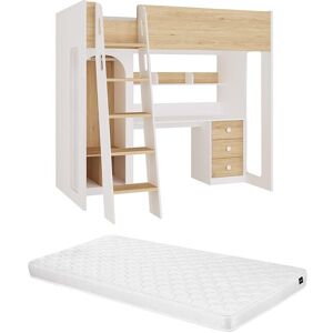 Vente-unique Hochbett 90 x 190 cm mit Kleiderschrank und Schreibtisch – Natur und Weiß + Matratze - ALVENOU Vente-unique Hochbett 90 x 190 cm mit Kleiderschrank und Schreibtisch – Natur und Weiß + Matratze - ALVENOU