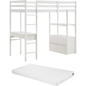 Vente-unique Etagenbett 90 x 190 cm mit Schreibtisch und Stauraum - Kiefer und MDF - Weiß + Matratze - KALIZI Vente-unique Etagenbett 90 x 190 cm mit Schreibtisch und Stauraum - Kiefer und MDF - Weiß + Matratze - KALIZI