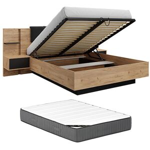 Vente-unique Bett mit Bettkasten und Nachttischen 140 x 190 cm - Mit LEDs - Farbe: Natur und Anthrazit + Matratze - ELYNIA Vente-unique Bett mit Bettkasten und Nachttischen 140 x 190 cm - Mit LEDs - Farbe: Natur und Anthrazit + Matratze - ELYNIA