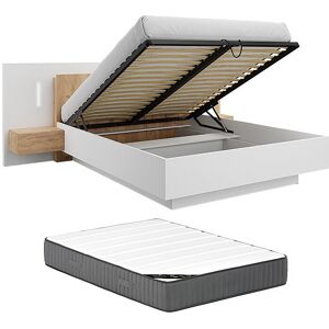 Vente-unique Boxbett mit Nachttischen 160 x 200 cm - 2 Schubladen - Mit LEDs - Weiß und Natur + Matratze - FRANCOLI Vente-unique Boxbett mit Nachttischen 160 x 200 cm - 2 Schubladen - Mit LEDs - Weiß und Natur + Matratze - FRANCOLI