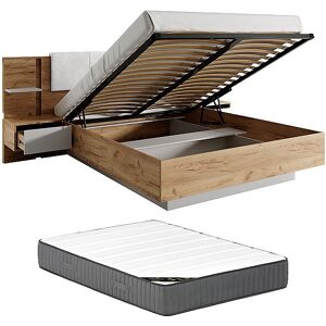 Vente-unique Bett mit Bettkasten mit Nachttischen 160 x 200 cm - Mit LEDs - Farbe: Natur und Weiß + Matratze - ELYNIA Vente-unique Bett mit Bettkasten mit Nachttischen 160 x 200 cm - Mit LEDs - Farbe: Natur und Weiß + Matratze - ELYNIA