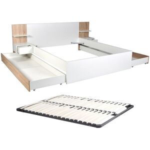 Vente-unique Bett mit Schubladen 160 x 200 cm – Mit 2 Nachttischen und Ablagen – Weiß und Natur + Lattenrost – KLYRANA Vente-unique Bett mit Schubladen 160 x 200 cm – Mit 2 Nachttischen und Ablagen – Weiß und Natur + Lattenrost – KLYRANA