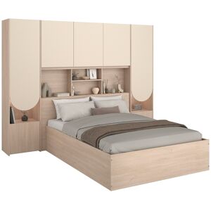 Vente-unique Stauraumbett 140 x 190 cm mit Bettbrücke - Mit LEDs - Beige und Natur - VELONA Vente-unique Stauraumbett 140 x 190 cm mit Bettbrücke - Mit LEDs - Beige und Natur - VELONA