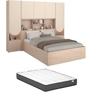 Vente-unique Bett mit Bettkasten 140 x 190 cm mit Brückenelement - Mit LEDs - Beige und Natur + Matratze - VELONA Vente-unique Bett mit Bettkasten 140 x 190 cm mit Brückenelement - Mit LEDs - Beige und Natur + Matratze - VELONA