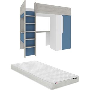 Vente-unique Hochbett mit Schrank und Schreibtisch - Blau und Weiß Vente-unique Hochbett mit Schrank und Schreibtisch - Blau und Weiß