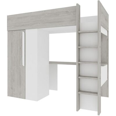 Vente-unique Hochbett mit Schreibtisch & Kleiderschrank - 90 x 200 cm - Holzfarben Grau & Weiß - NICOLAS Vente-unique Hochbett mit Schreibtisch & Kleiderschrank - 90 x 200 cm - Holzfarben Grau & Weiß - NICOLAS