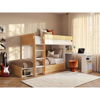 Vente-unique Etagenbett mit Schreibtisch & Stauraum - 2 x 90 x 190 cm - Holzfarben & Weiß + Matratze - LOMIDEN Vente-unique Etagenbett mit Schreibtisch & Stauraum - 2 x 90 x 190 cm - Holzfarben & Weiß + Matratze - LOMIDEN