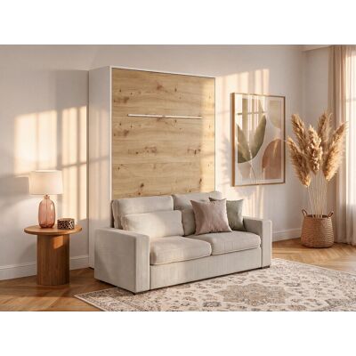 Vente-unique Schrankbett + Sofa - 160 x 200 cm - Manuelle vertikale Öffnung - Mit LED-Beleuchtung - Weiß & Holzfarben - RAPILI Vente-unique Schrankbett + Sofa - 160 x 200 cm - Manuelle vertikale Öffnung - Mit LED-Beleuchtung - Weiß & Holzfarben - RAPILI
