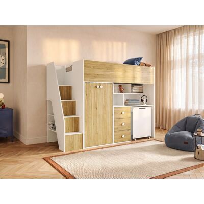 Vente-unique Hochbett mit Kleiderschrank & Schreibtisch + Matratze - 90 x 190 cm - Weiß & Holzfarben - LANILATO Vente-unique Hochbett mit Kleiderschrank & Schreibtisch + Matratze - 90 x 190 cm - Weiß & Holzfarben - LANILATO