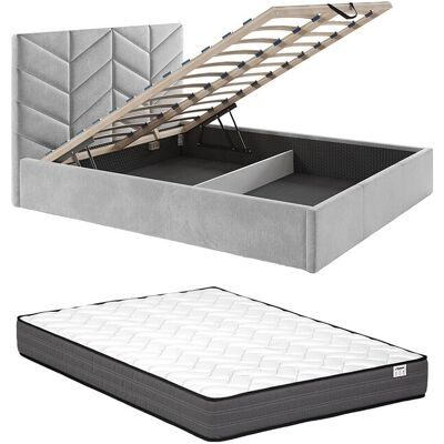 Vente-unique Bett mit Bettkasten + Matratze - 140 x 190 cm - Strukturstoff - Grau - JUSTANI Vente-unique Bett mit Bettkasten + Matratze - 140 x 190 cm - Strukturstoff - Grau - JUSTANI