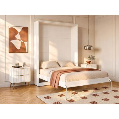Vente-unique Schrankbett - 140 x 200 cm - Weiß - Vertikale manuelle Öffnung - BEGANIO Vente-unique Schrankbett - 140 x 200 cm - Weiß - Vertikale manuelle Öffnung - BEGANIO