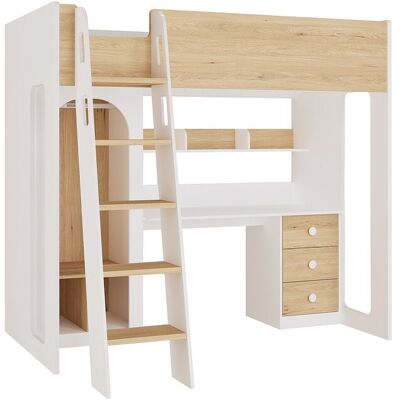 Vente-unique Hochbett 90 x 190 cm mit Kleiderschrank und Schreibtisch – Natur und Weiß - ALVENOU Vente-unique Hochbett 90 x 190 cm mit Kleiderschrank und Schreibtisch – Natur und Weiß - ALVENOU