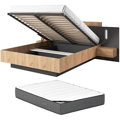 Vente-unique Bett mit Bettkasten und Nachttischen 140 x 190 cm - 2 Schubladen - Mit LEDs - Farbe: Natur und Anthrazit + Matratze - FRANCOLI Vente-unique Bett mit Bettkasten und Nachttischen 140 x 190 cm - 2 Schubladen - Mit LEDs - Farbe: Natur und Anthrazit + Matratze - FRANCOLI