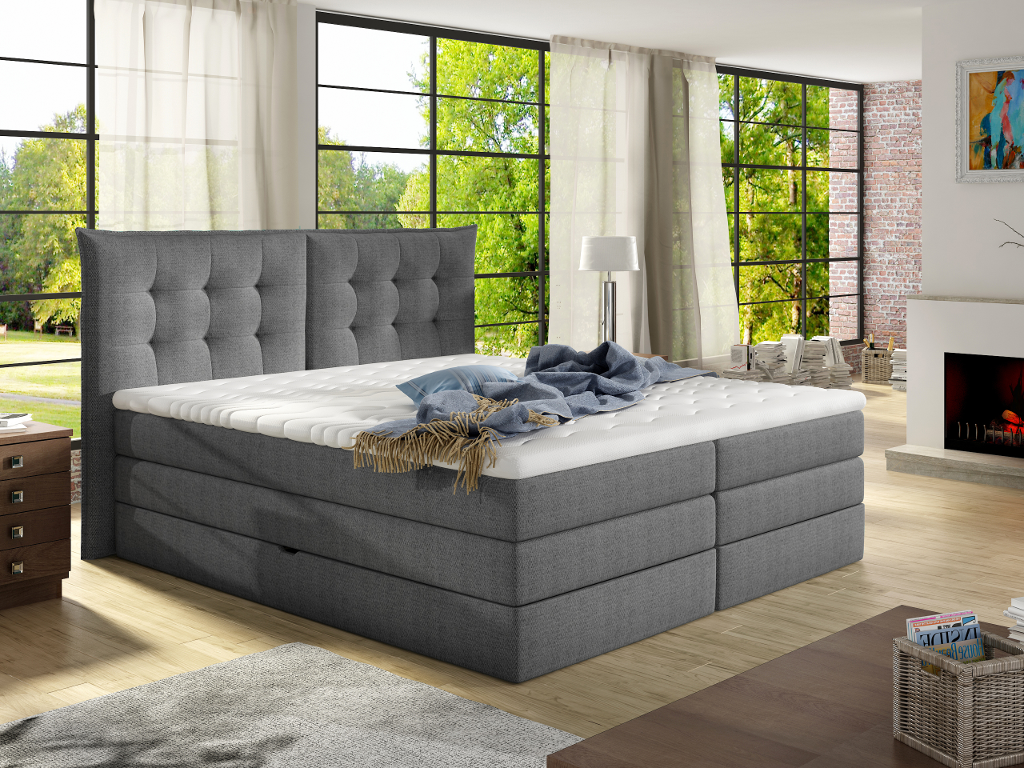 Vente-unique.ch Boxspringbett Stoff mit Topper PLAISIR - 180 x 200 cm - Grau