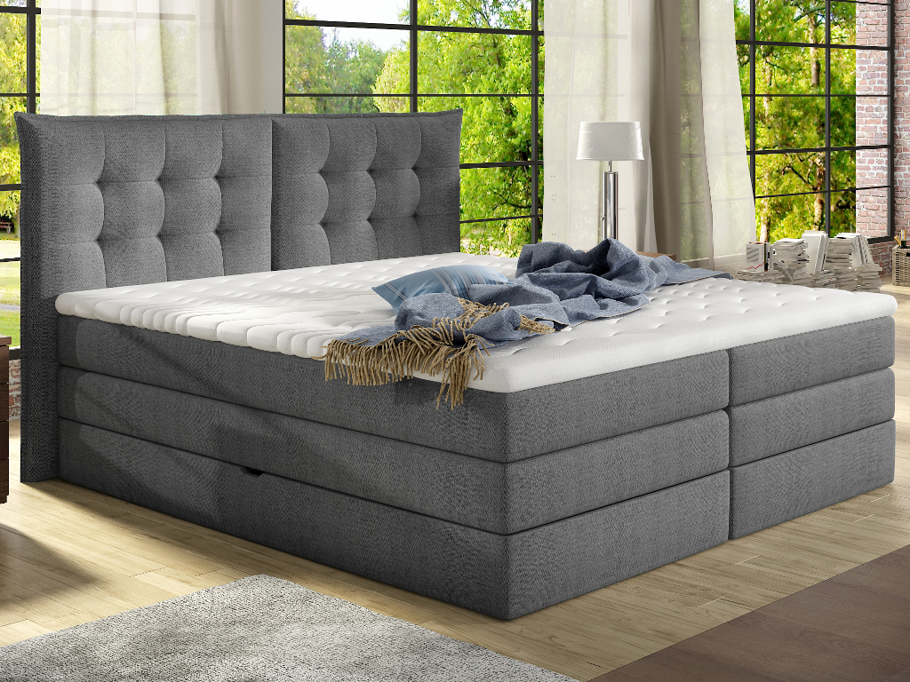 Vente-unique.ch Boxspringbett Stoff mit Topper PLAISIR - 160 x 200 cm - Grau