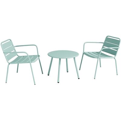 Vente-unique Garten-Sitzgruppe: Beistelltisch + 2 stapelbare Sessel - Metall - Hellgrün - MIRMANDE von MYLIA Vente-unique Garten-Sitzgruppe: Beistelltisch + 2 stapelbare Sessel - Metall - Hellgrün - MIRMANDE von MYLIA