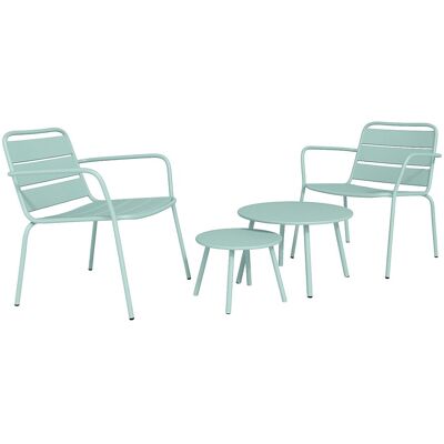 Vente-unique Garten-Sitzgruppe: 2 Beistelltische + 2 stapelbare Sessel - Metall - Hellgrün - MIRMANDE von MYLIA Vente-unique Garten-Sitzgruppe: 2 Beistelltische + 2 stapelbare Sessel - Metall - Hellgrün - MIRMANDE von MYLIA