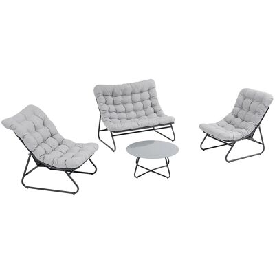 Vente-unique Gartenlounge aus Stahl: 1 Zweisitzer-Sofa, 2 Sessel und 1 Couchtisch – Anthrazit mit grauen Kissen – LYMIS von MYLIA Vente-unique Gartenlounge aus Stahl: 1 Zweisitzer-Sofa, 2 Sessel und 1 Couchtisch – Anthrazit mit grauen Kissen – LYMIS von MYLIA