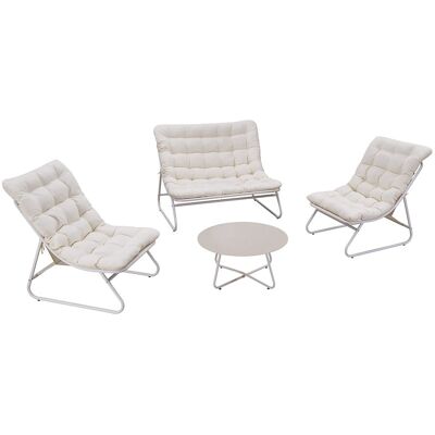 Vente-unique Gartenlounge aus Stahl: 1 2-Sitzer-Sofa, 2 Sessel und 1 Couchtisch - Beige mit Kissen - LYMIS von MYLIA Vente-unique Gartenlounge aus Stahl: 1 2-Sitzer-Sofa, 2 Sessel und 1 Couchtisch - Beige mit Kissen - LYMIS von MYLIA