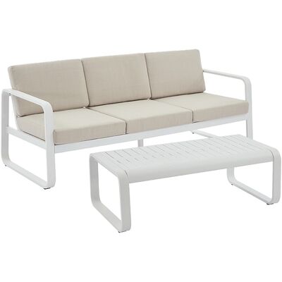 Vente-unique Gartenlounge aus Aluminium: 1 Dreisitzer-Sofa und 1 Couchtisch – Weiß mit beigen Kissen – LOMIA von MYLIA Vente-unique Gartenlounge aus Aluminium: 1 Dreisitzer-Sofa und 1 Couchtisch – Weiß mit beigen Kissen – LOMIA von MYLIA
