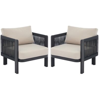 Vente-unique 2er-Set Gartensessel aus Aluminium und Seil - Schwarz mit beigen Kissen - HELYSI von MYLIA Vente-unique 2er-Set Gartensessel aus Aluminium und Seil - Schwarz mit beigen Kissen - HELYSI von MYLIA