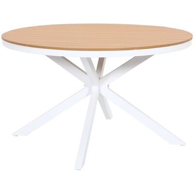 Vente-unique Runder Gartentisch aus Aluminium – Ø 125 cm – Weiß & helles Naturholz – ZEYVA von MYLIA Vente-unique Runder Gartentisch aus Aluminium – Ø 125 cm – Weiß & helles Naturholz – ZEYVA von MYLIA