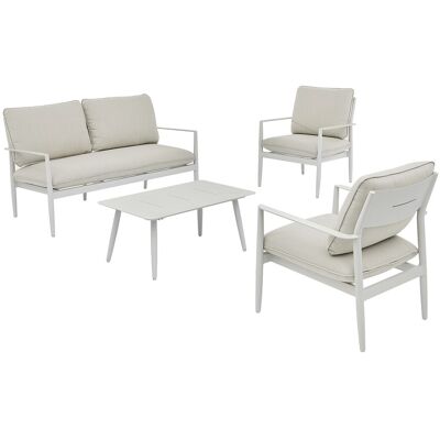 Vente-unique Garten-Sitzgruppe aus Aluminium: 2-Sitzer-Sofa, 2 Sessel und ein Couchtisch - Weiß mit beigen Kissen - TAVINYA von MYLIA Vente-unique Garten-Sitzgruppe aus Aluminium: 2-Sitzer-Sofa, 2 Sessel und ein Couchtisch - Weiß mit beigen Kissen - TAVINYA von MYLIA