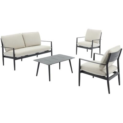 Vente-unique Garten-Sitzgruppe aus Aluminium: 2-Sitzer-Sofa, 2 Sessel und ein Couchtisch - Anthrazit mit beigen Kissen - TAVINYA von MYLIA Vente-unique Garten-Sitzgruppe aus Aluminium: 2-Sitzer-Sofa, 2 Sessel und ein Couchtisch - Anthrazit mit beigen Kissen - TAVINYA von MYLIA