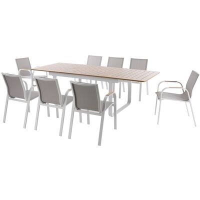 Vente-unique Aluminium Gartensitzgruppe: ausziehbarer Tisch aus Aluminium L 155/246 cm und 8 Gartenstühle – Natur hell & Weiß – SERUNO von MYLIA Vente-unique Aluminium Gartensitzgruppe: ausziehbarer Tisch aus Aluminium L 155/246 cm und 8 Gartenstühle – Natur hell & Weiß – SERUNO von MYLIA