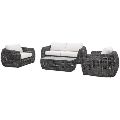 Vente-unique Gartenmöbel aus Polyrattan: ein 2-Sitzer-Gartensofa, 2 Sessel und 1 Couchtisch - Anthrazit mit weißen Kissen - VEYRO von MYLIA Vente-unique Gartenmöbel aus Polyrattan: ein 2-Sitzer-Gartensofa, 2 Sessel und 1 Couchtisch - Anthrazit mit weißen Kissen - VEYRO von MYLIA