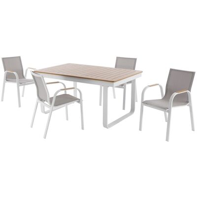 Vente-unique Aluminium Gartensitzgruppe: ausziehbarer Aluminium-Tisch L.155/246 cm und 4 Sessel - Helles Naturholz und Weiß - SERUNO von MYLIA Vente-unique Aluminium Gartensitzgruppe: ausziehbarer Aluminium-Tisch L.155/246 cm und 4 Sessel - Helles Naturholz und Weiß - SERUNO von MYLIA