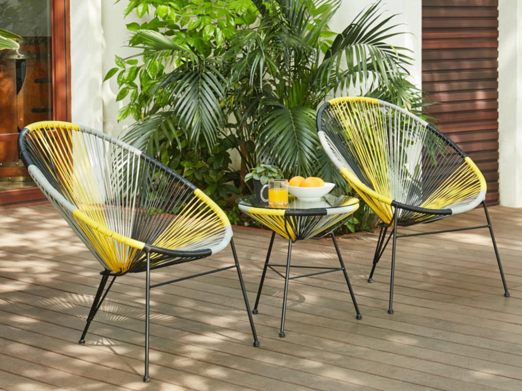 Vente-unique.ch Garten Sitzgruppe Polyrattan - Gelb, Grau, Schwarz: Tisch + 2 Stühle - ALIOS II