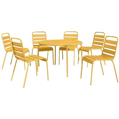 Vente-unique Garten-Essgruppe aus Metall: 1 runder Tisch D.130 cm und 6 stapelbare Stühle – Senfgelb – MIRMANDE von MYLIA Vente-unique Garten-Essgruppe aus Metall: 1 runder Tisch D.130 cm und 6 stapelbare Stühle – Senfgelb – MIRMANDE von MYLIA