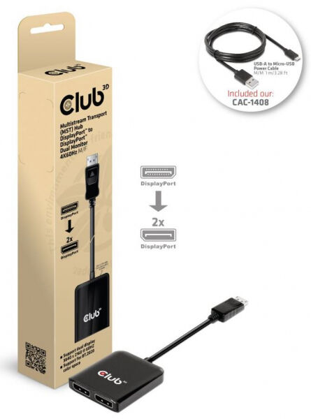 Club 3D CSV-7200 - Multistream Transport (MST) Hub DisplayPort auf DisplayPort Dual Monitor 4K60Hz St./B.