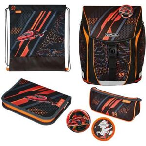 Herlitz Ranzen FiloLight Plus Speed / schwarz/orange, inkl. befülltem 16 tlg. Schüleretui, Faulenzer Mäppchen, Sportbeutel