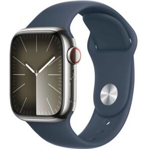 Apple Watch Series 9 (silber/dunkelblau, Edelstahl, 41 mm, Sportarmband, Cellular)