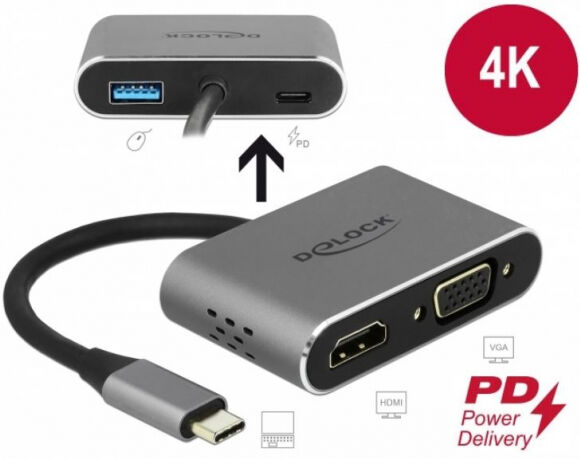 DeLock 64074 - USB Type-C Adapter zu HDMI und VGA mit USB 3.0 Port und PD