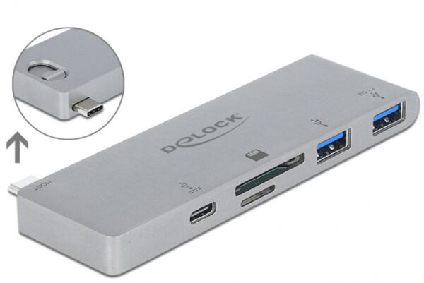 DeLock 64078 - 3 Port Hub und 2 Slot Card Reader für MacBook mit PD 3.0 und einschiebbarem USB Type-C Anschluss